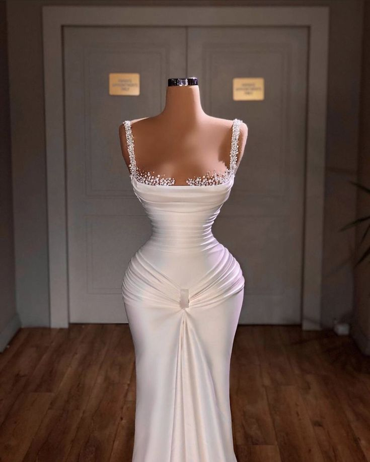 Chic Mermaid Straps White Long Satin Wedding Dresses