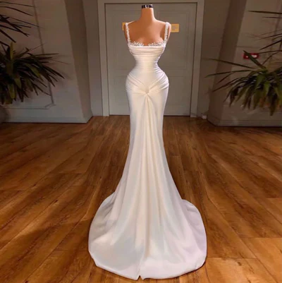 Chic Mermaid Straps White Long Satin Wedding Dresses