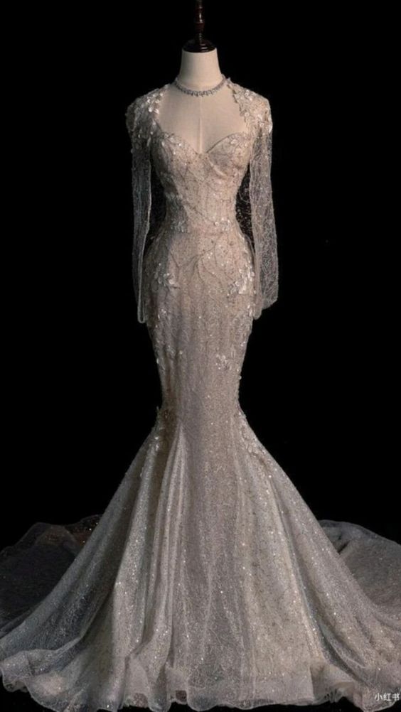 Fairytale Mermaid Strapless White Long Sequin Wedding Dresses