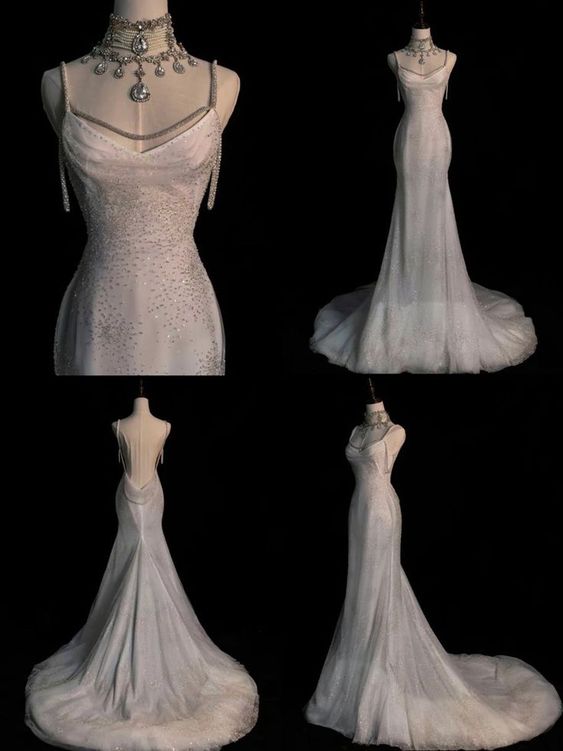 Fairytale Mermaid Straps Long Sequin Backless Wedding Dresses
