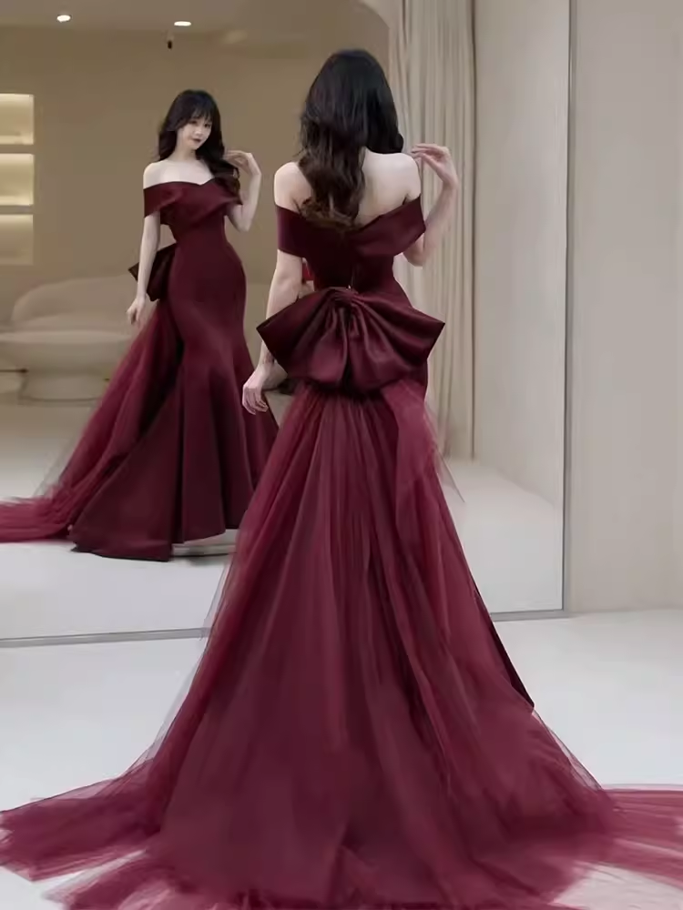 Sexy Mermaid Off The Shoulder Burgundy Satin Long Prom Dress