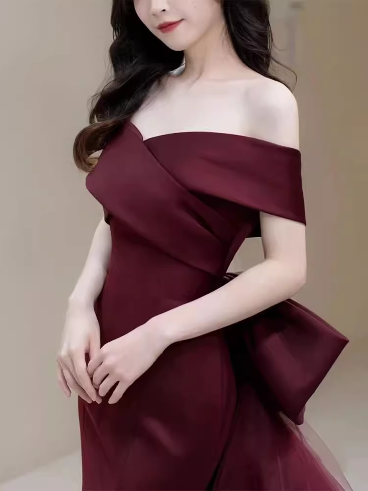 Sexy Mermaid Off The Shoulder Burgundy Satin Long Prom Dress