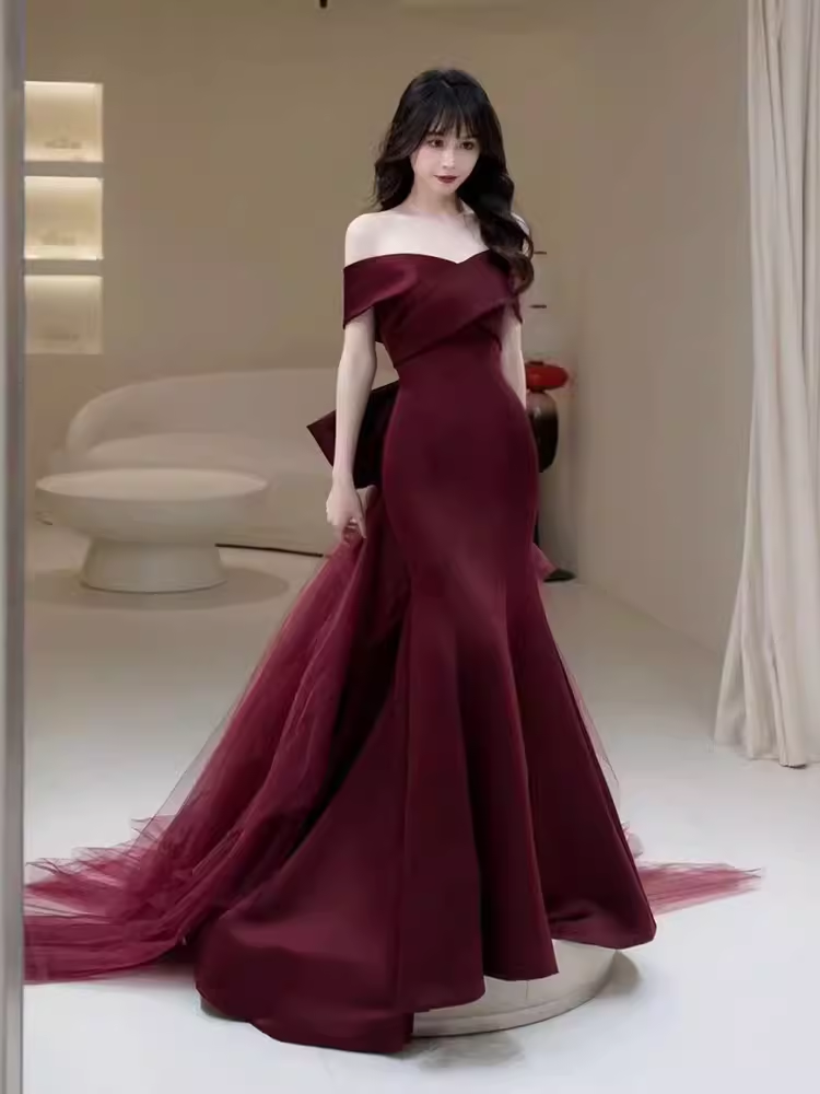 Sexy Mermaid Off The Shoulder Burgundy Satin Long Prom Dress