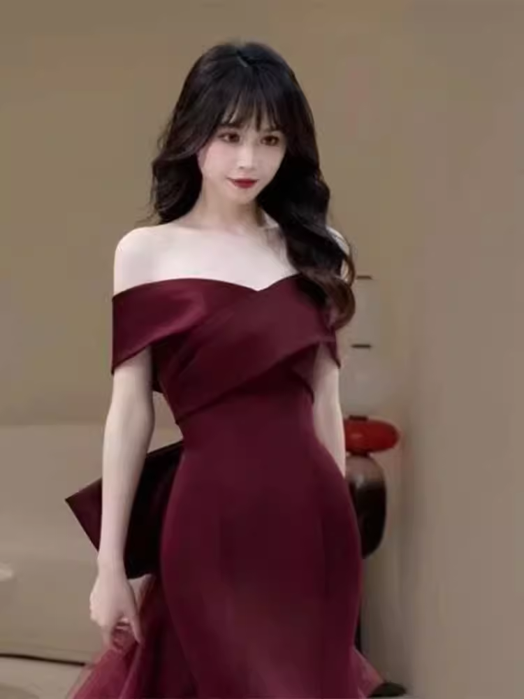 Sexy Mermaid Off The Shoulder Burgundy Satin Long Prom Dress