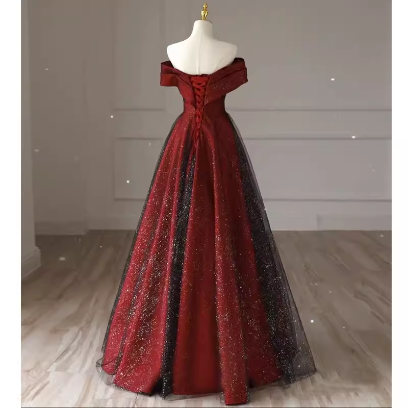 Sexy A line Off The Shoulder Burgundy Tulle Long Prom Dress
