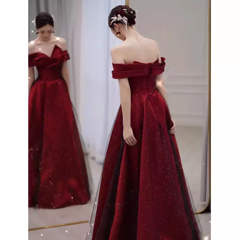 Sexy A line Off The Shoulder Burgundy Tulle Long Prom Dress