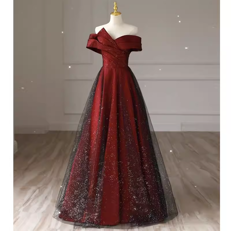 Sexy A line Off The Shoulder Burgundy Tulle Long Prom Dress