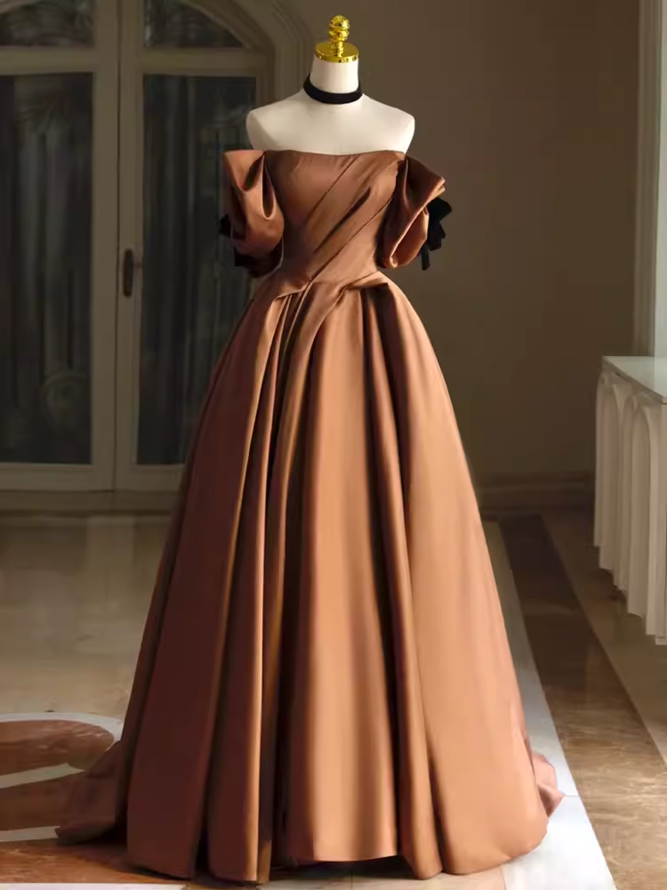 Sexy A line Off The Shoulder Brown Satin Long Prom Dress
