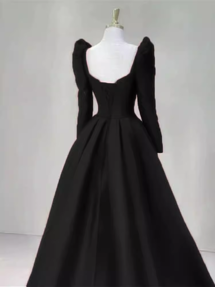 Sexy A line Long Sleeves Black Satin Long Prom Dress