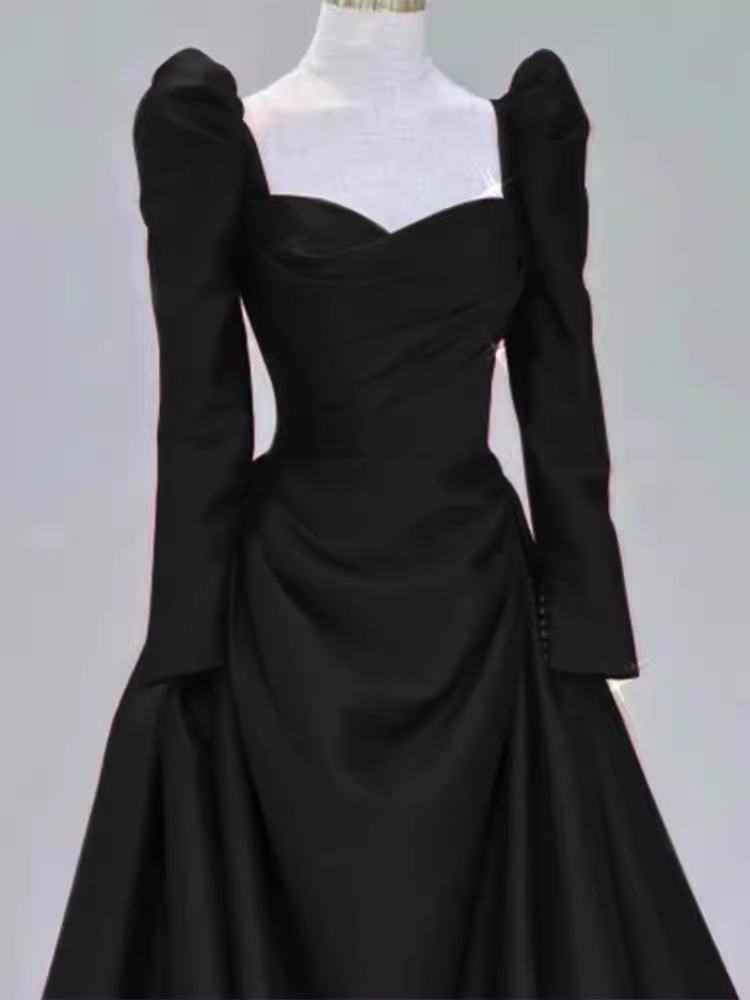 Sexy A line Long Sleeves Black Satin Long Prom Dress