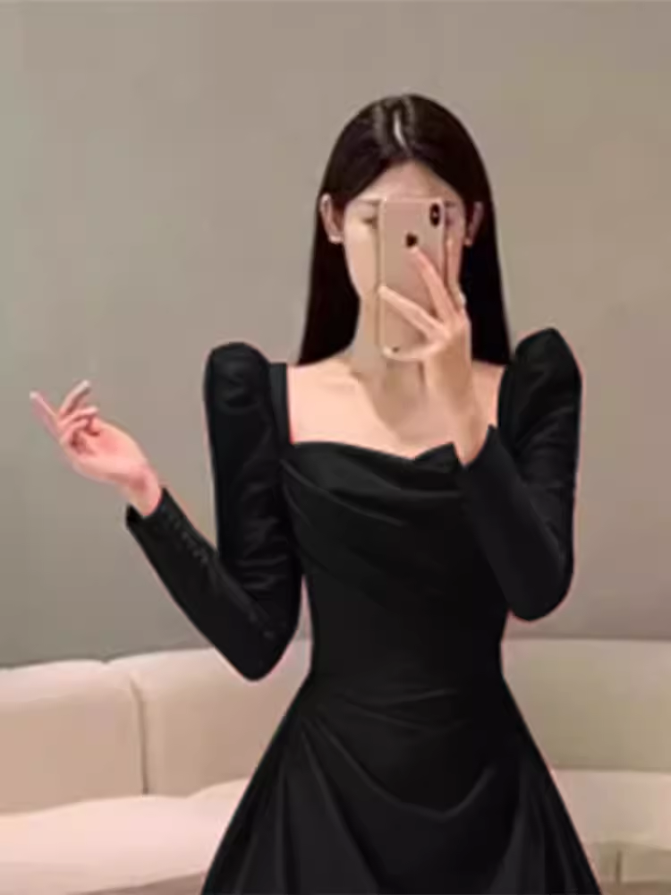 Sexy A line Long Sleeves Black Satin Long Prom Dress