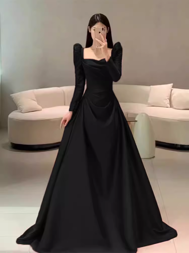 Sexy A line Long Sleeves Black Satin Long Prom Dress