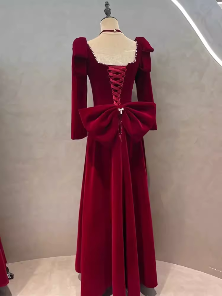 Sexy A line Long Sleeves Red Velvet Long Prom Dress
