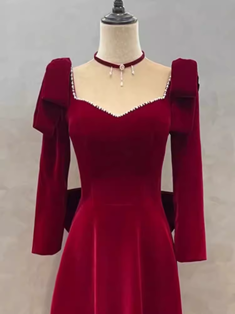 Sexy A line Long Sleeves Red Velvet Long Prom Dress
