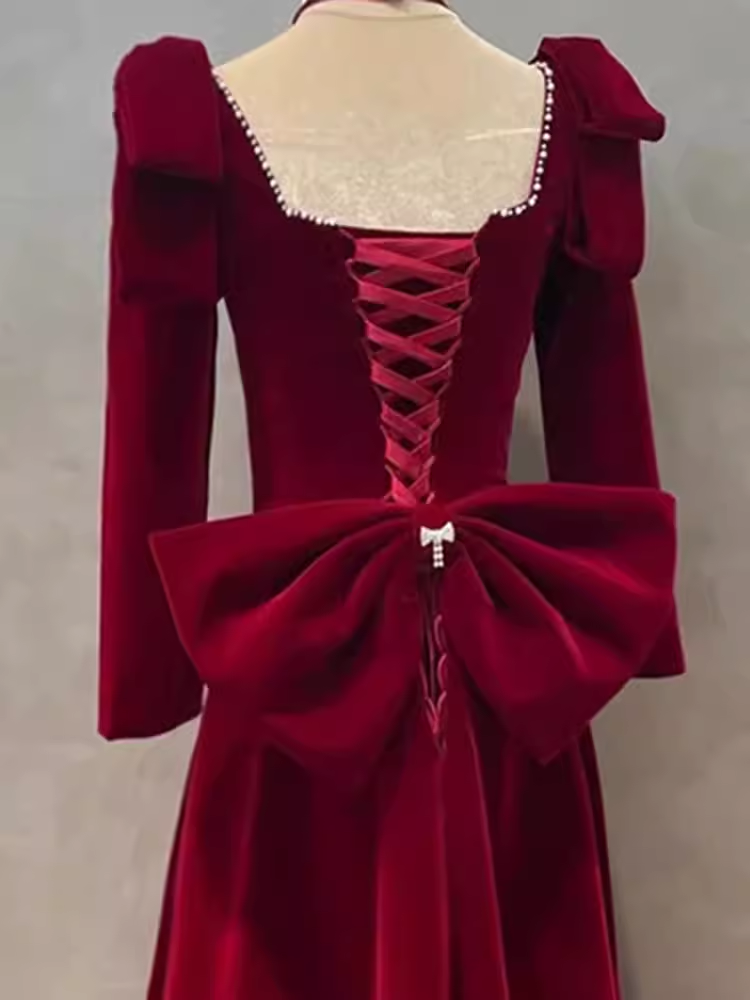 Sexy A line Long Sleeves Red Velvet Long Prom Dress