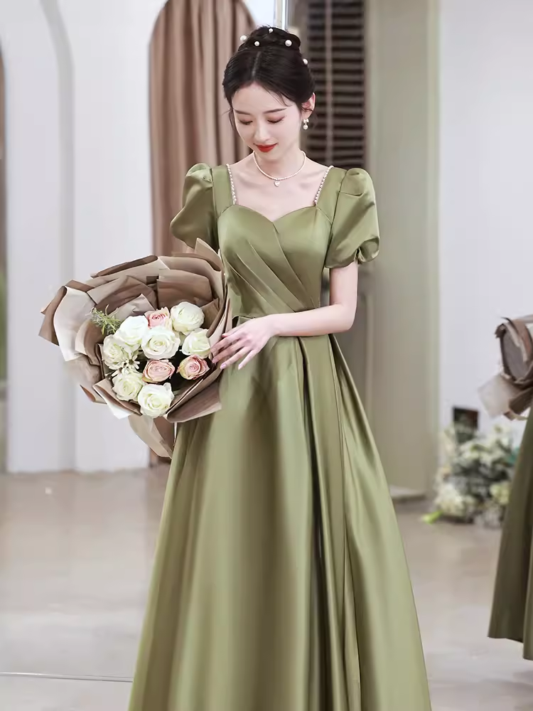 Sexy A line Short Sleeves Sage Green Satin Long Prom Dress