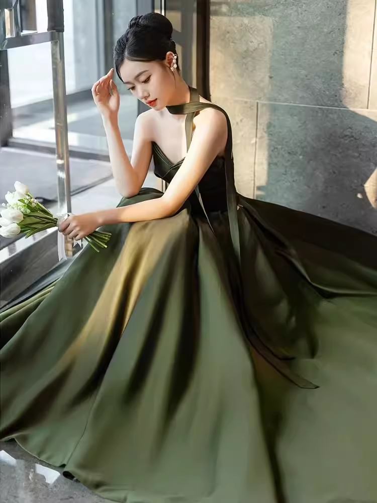 Sexy A line Sweetheart Satin Green Long Prom Dress