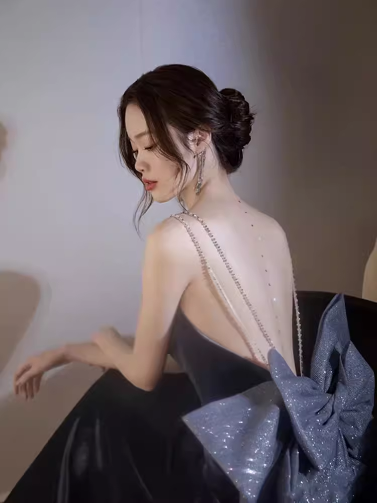 Sexy Mermaid Straps Velvet Navy Blue Long Prom Dress