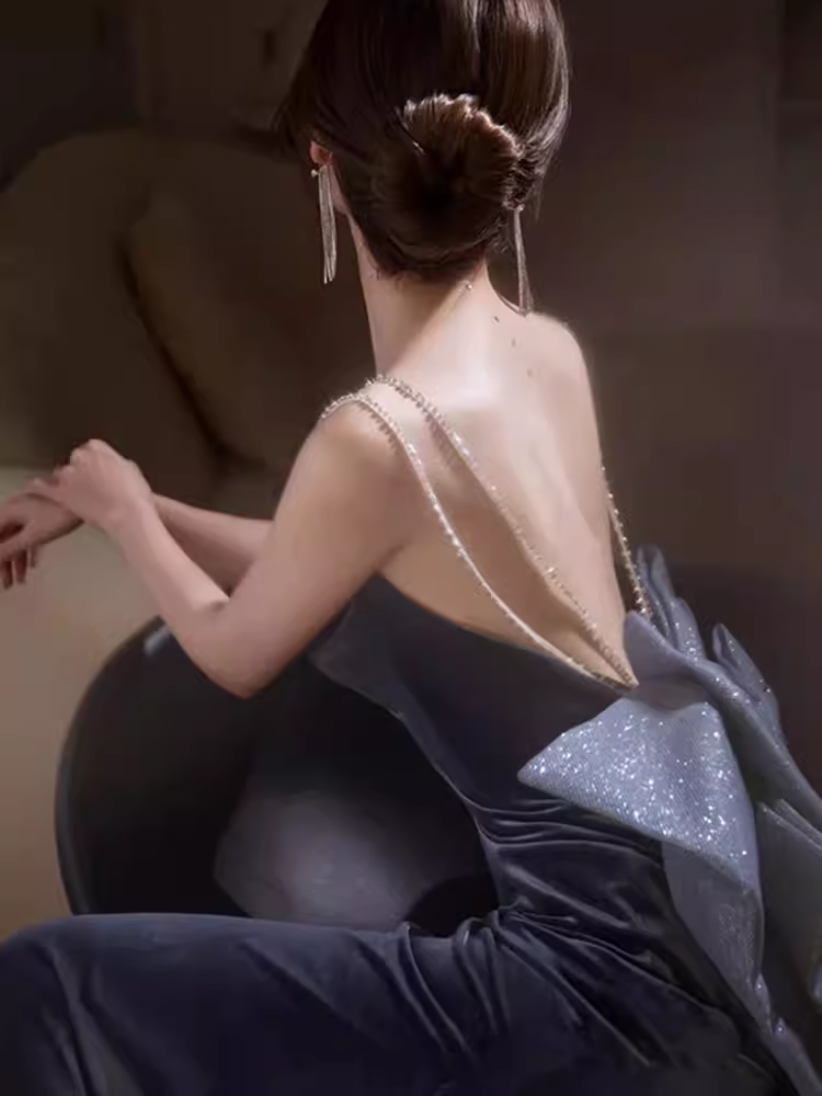 Sexy Mermaid Straps Velvet Navy Blue Long Prom Dress