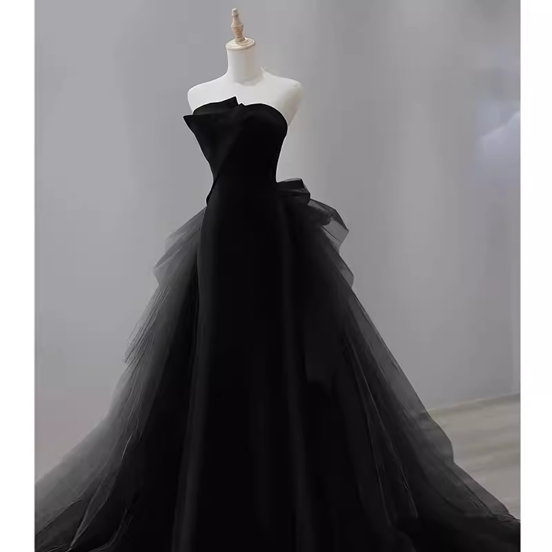Sexy Mermaid Strapless Sleeveless Black Satin Long Prom Dress