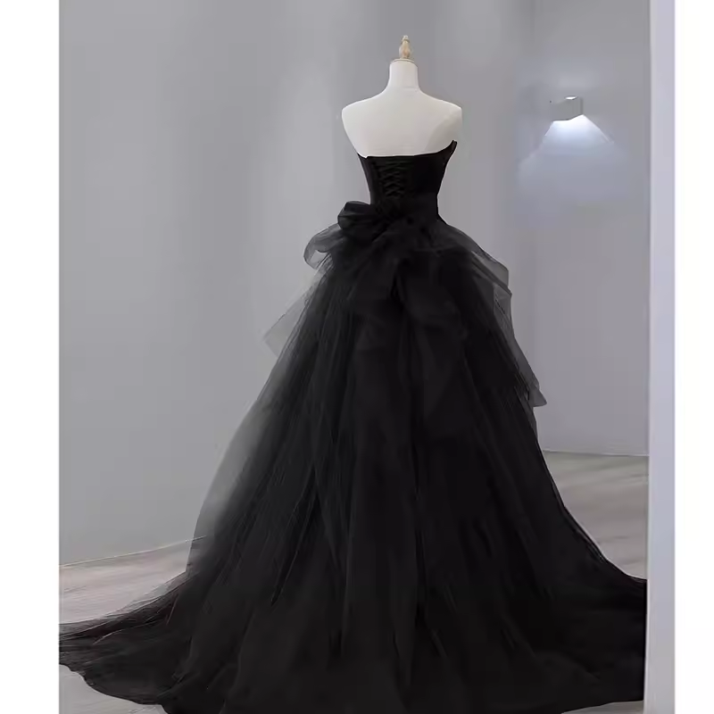 Sexy Mermaid Strapless Sleeveless Black Satin Long Prom Dress