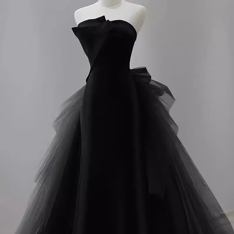 Sexy Mermaid Strapless Sleeveless Black Satin Long Prom Dress