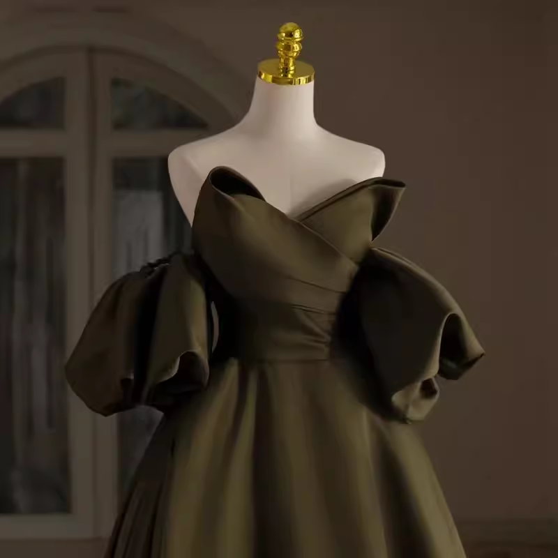 Sexy A line Off The Shoulder Short Sleeves Green Satin Long Prom Dress