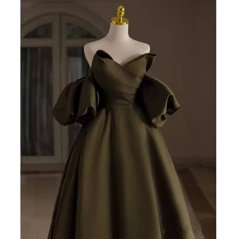 Sexy A line Off The Shoulder Short Sleeves Green Satin Long Prom Dress