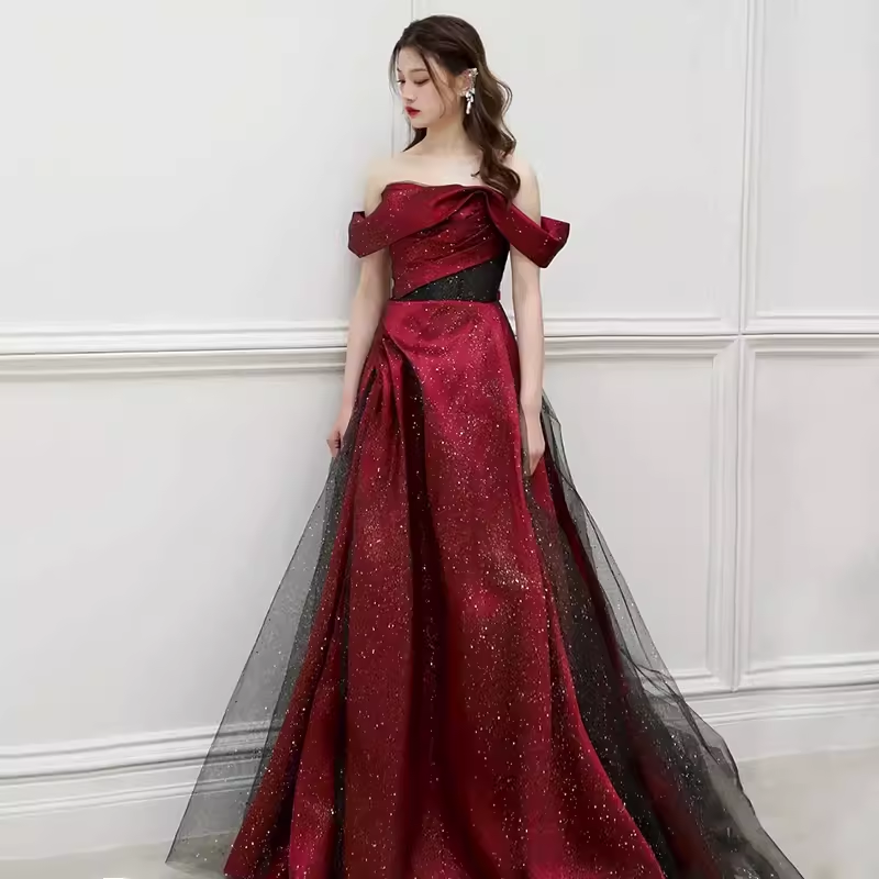 Sexy A line Off The Shoulder Short Sleeves Burgundy Tulle Long Prom Dress