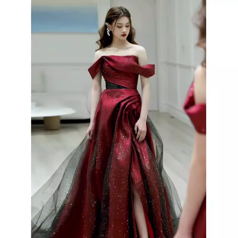 Sexy A line Off The Shoulder Short Sleeves Burgundy Tulle Long Prom Dress