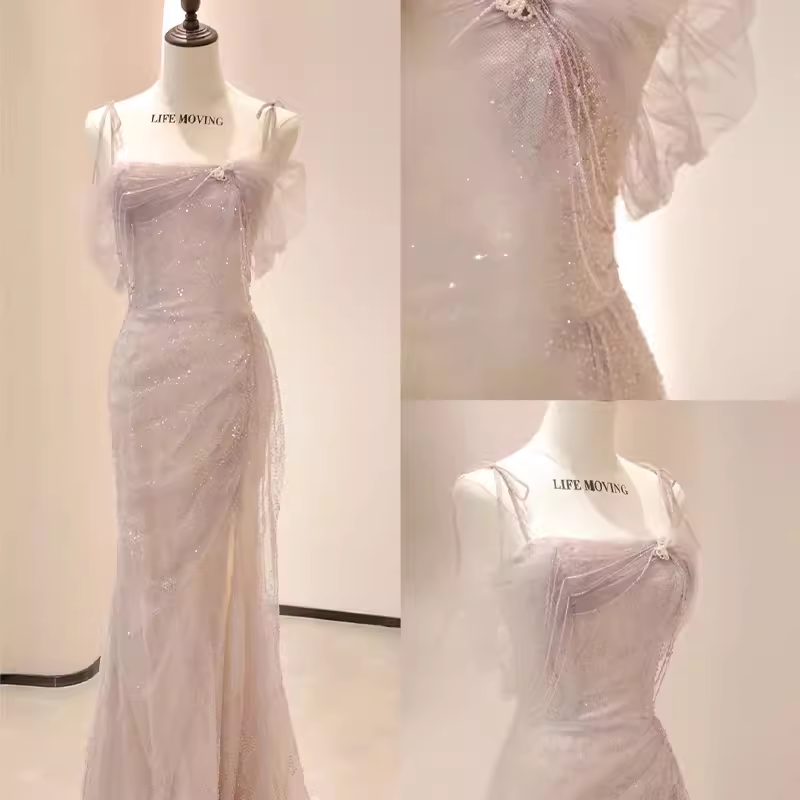 Vintage Mermaid Straps Pink Tulle Long Prom Dress