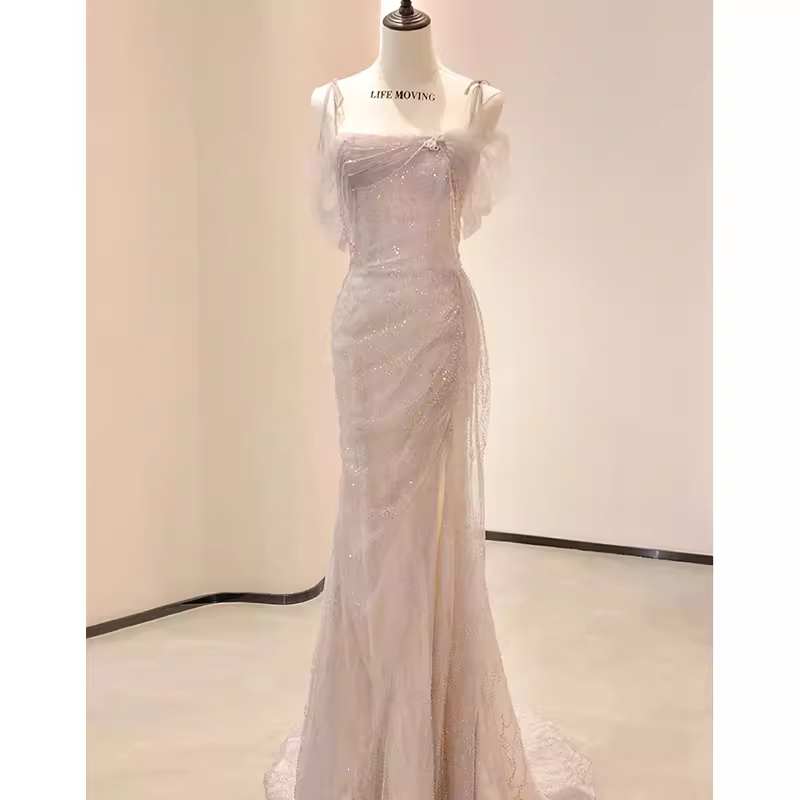 Vintage Mermaid Straps Pink Tulle Long Prom Dress
