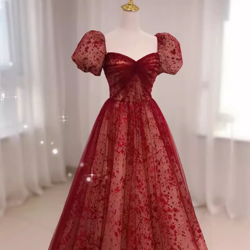 Sexy Princess Straps Short Sleeves Red Tulle Long Prom Dress