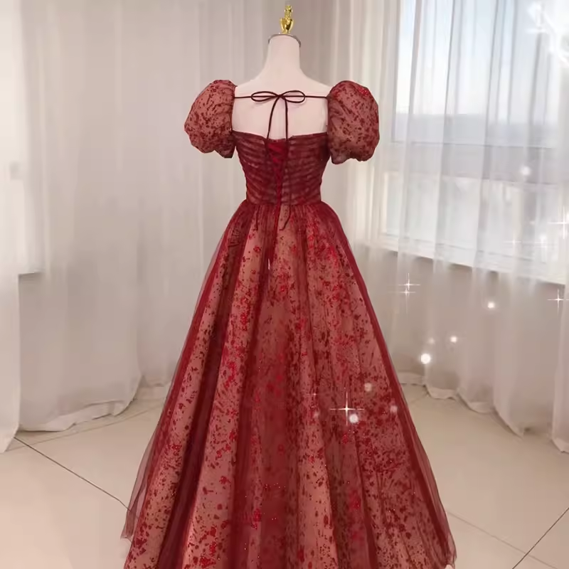 Sexy Princess Straps Short Sleeves Red Tulle Long Prom Dress