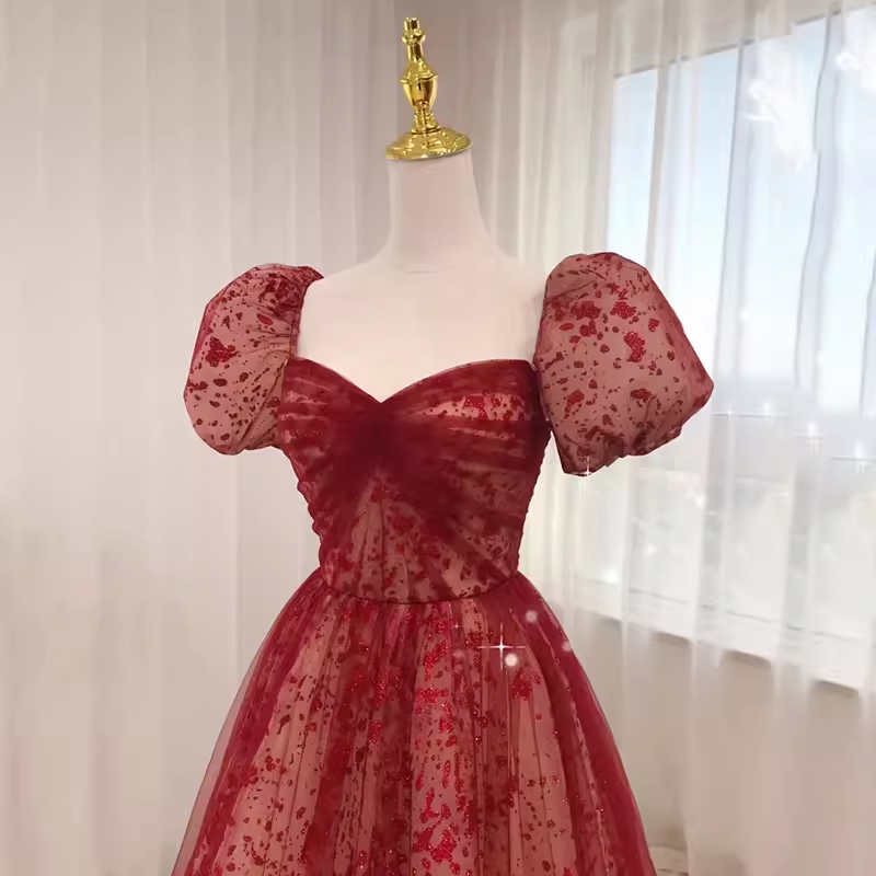 Sexy Princess Straps Short Sleeves Red Tulle Long Prom Dress