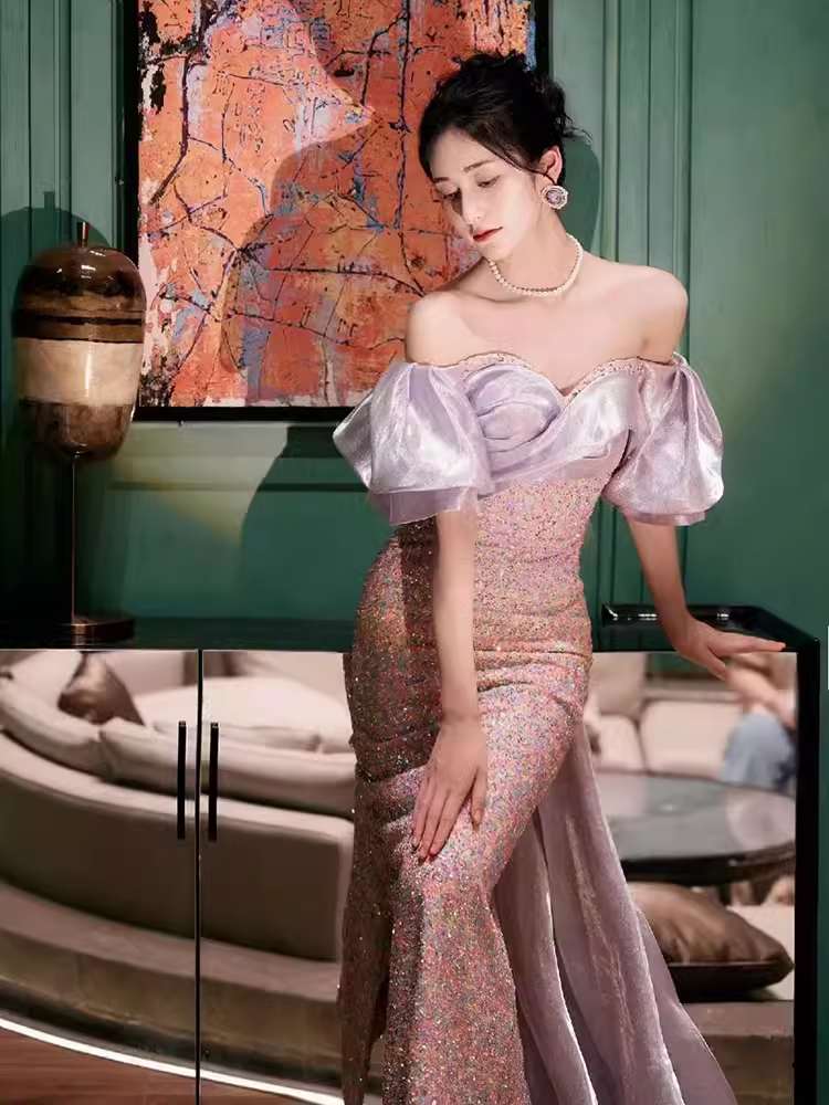 Sexy Mermaid Short Sleeves Satin Sequin Long Sequin Prom Dresses