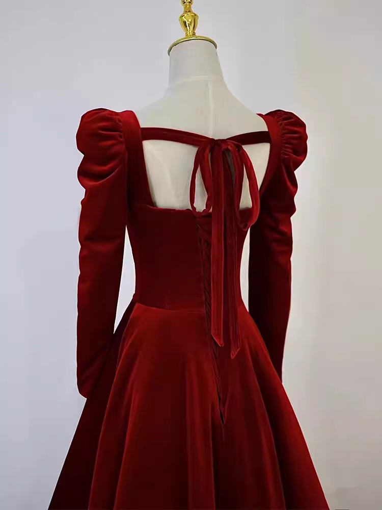 Sexy A line Long Sleeves Velvet Long Red Prom Dresses
