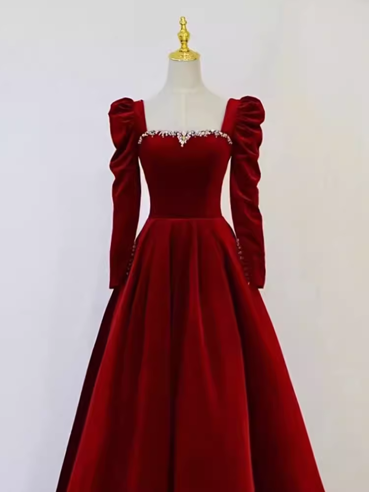 Sexy A line Long Sleeves Velvet Long Red Prom Dresses