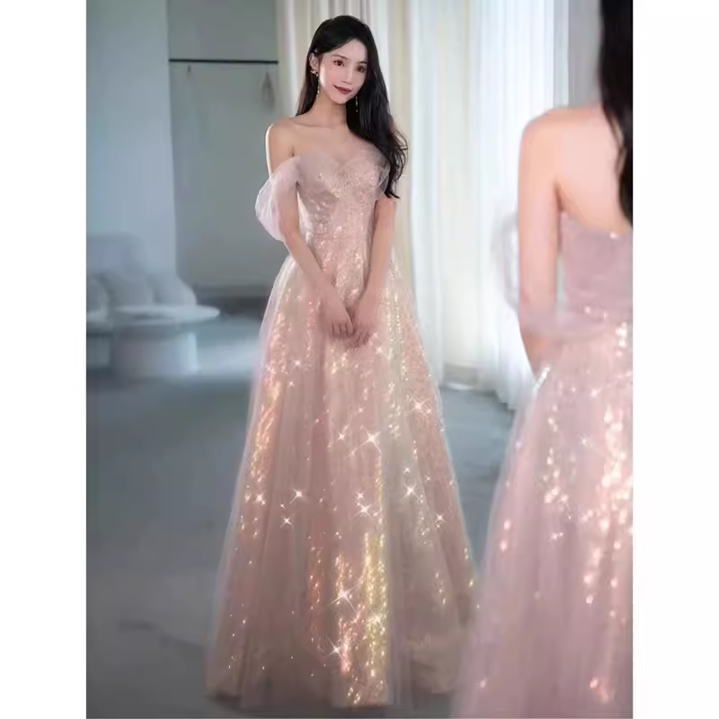 Sexy A Line Off The Shoulder Pink Tulle Long Prom Dresses