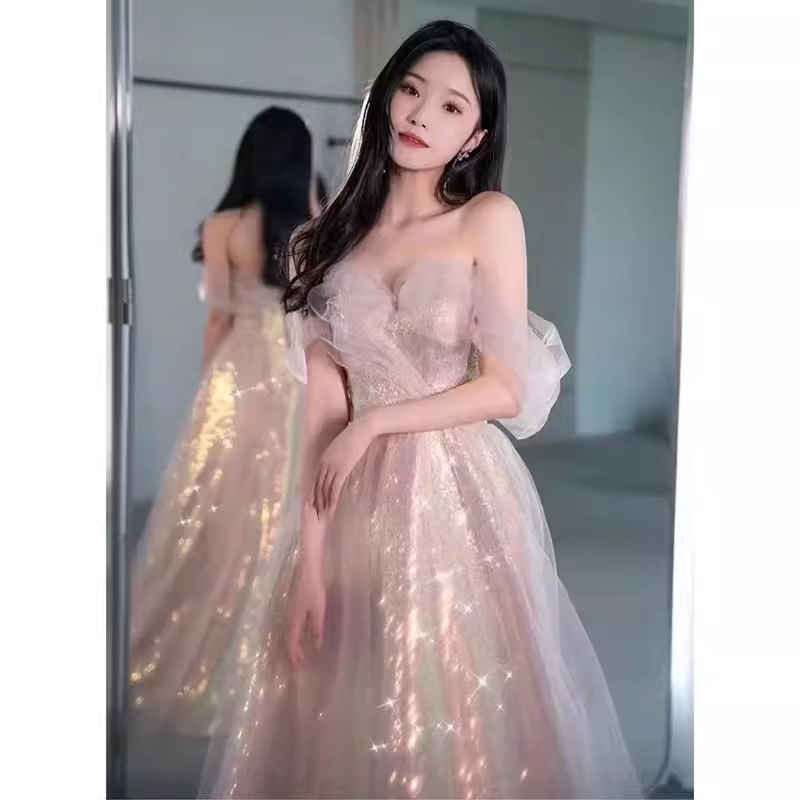 Sexy A Line Off The Shoulder Pink Tulle Long Prom Dresses