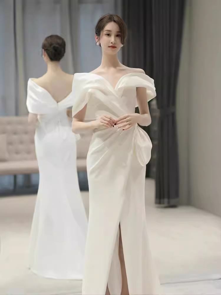 Fairytale Mermaid Off The Shoulder White Long Satin Wedding Dresses