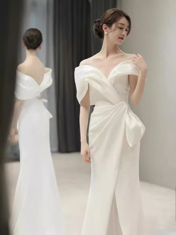 Fairytale Mermaid Off The Shoulder White Long Satin Wedding Dresses