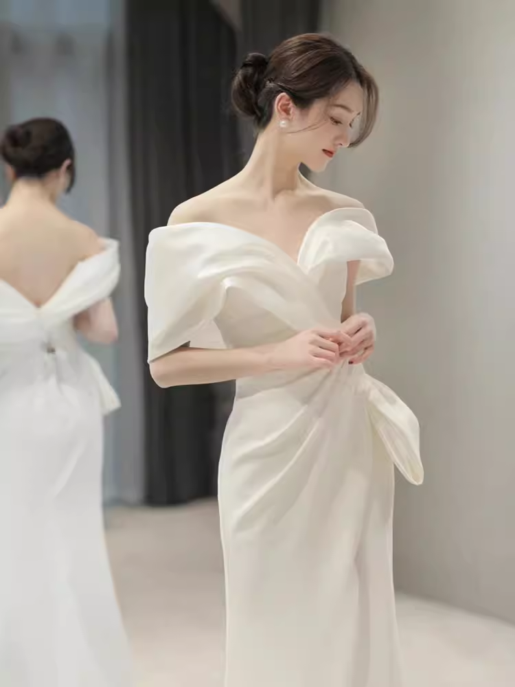 Fairytale Mermaid Off The Shoulder White Long Satin Wedding Dresses