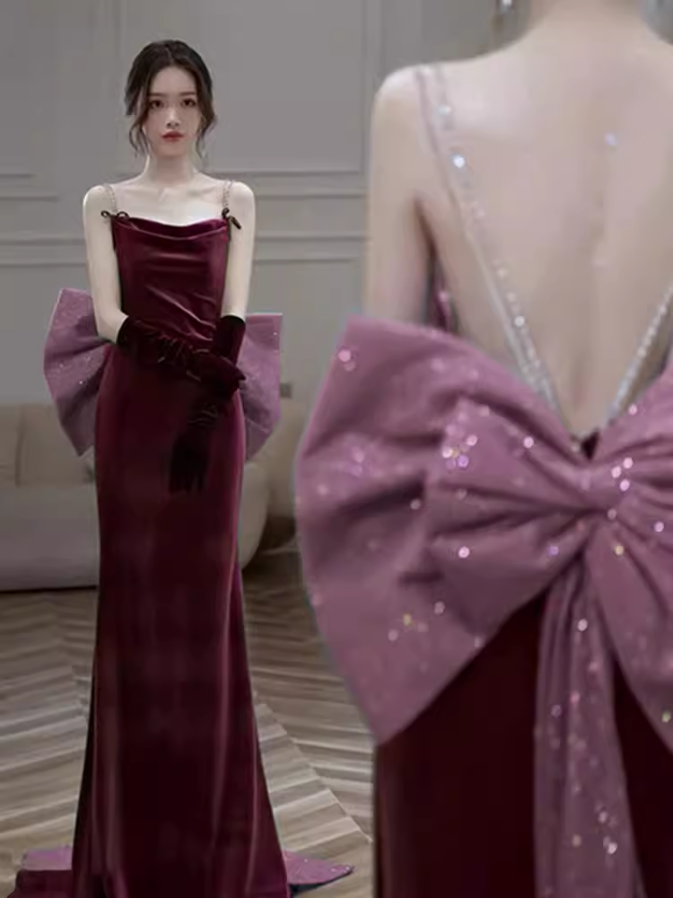 Sexy Mermaid Straps Velvet Burgundy Long Prom Dresses