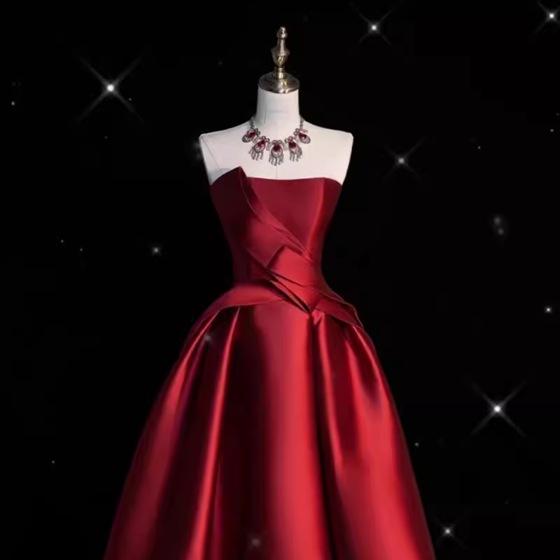 Sexy High Low Strapless Satin Burgundy Long Prom Dresses