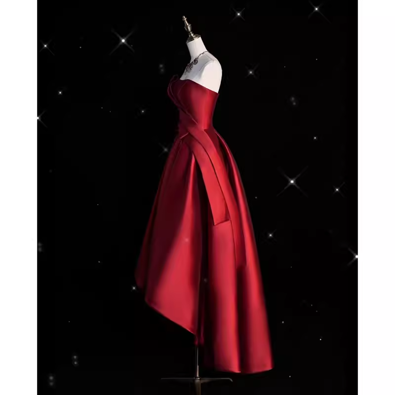 Sexy High Low Strapless Satin Burgundy Long Prom Dresses