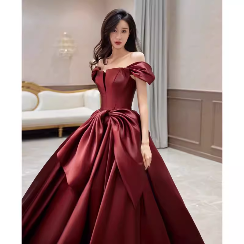 Sexy A Line Off The Shoulder Satin Burgundy Long Prom Dresses