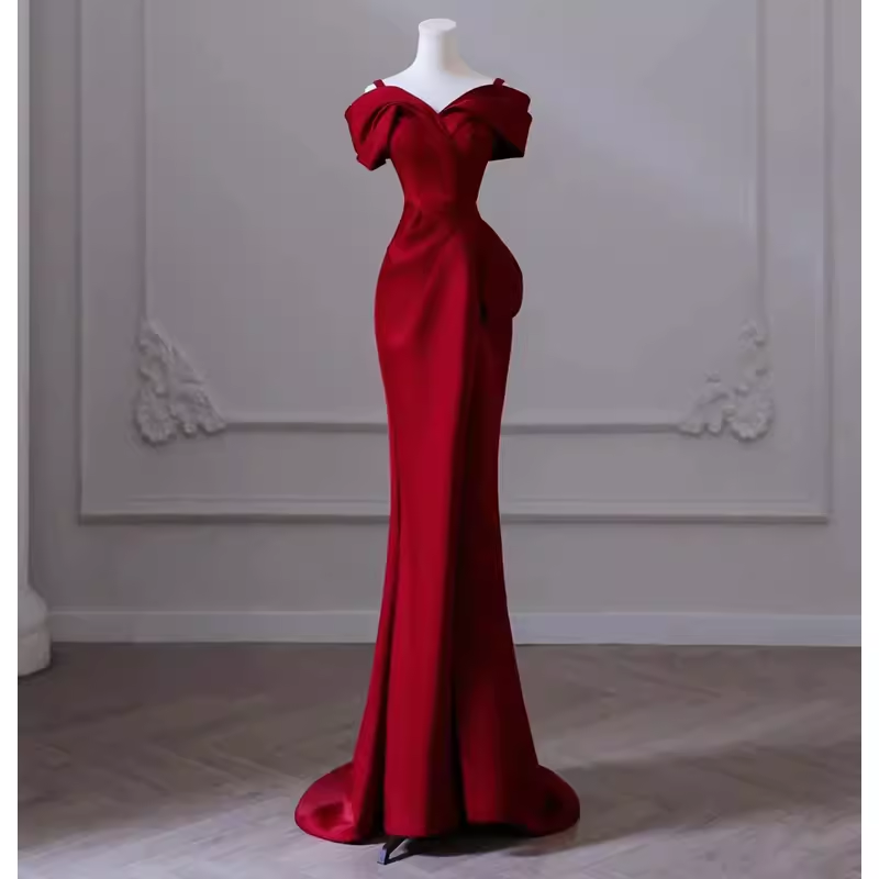 Sexy Mermaid Off The Shoulder Satin Burgundy Long Prom Dresses