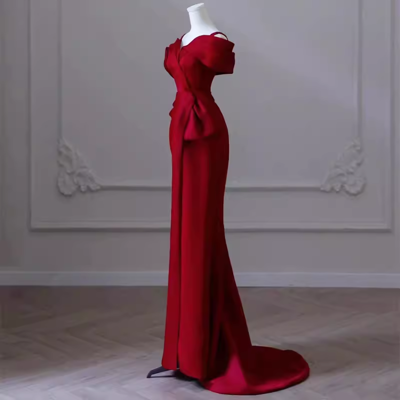 Sexy Mermaid Off The Shoulder Satin Burgundy Long Prom Dresses