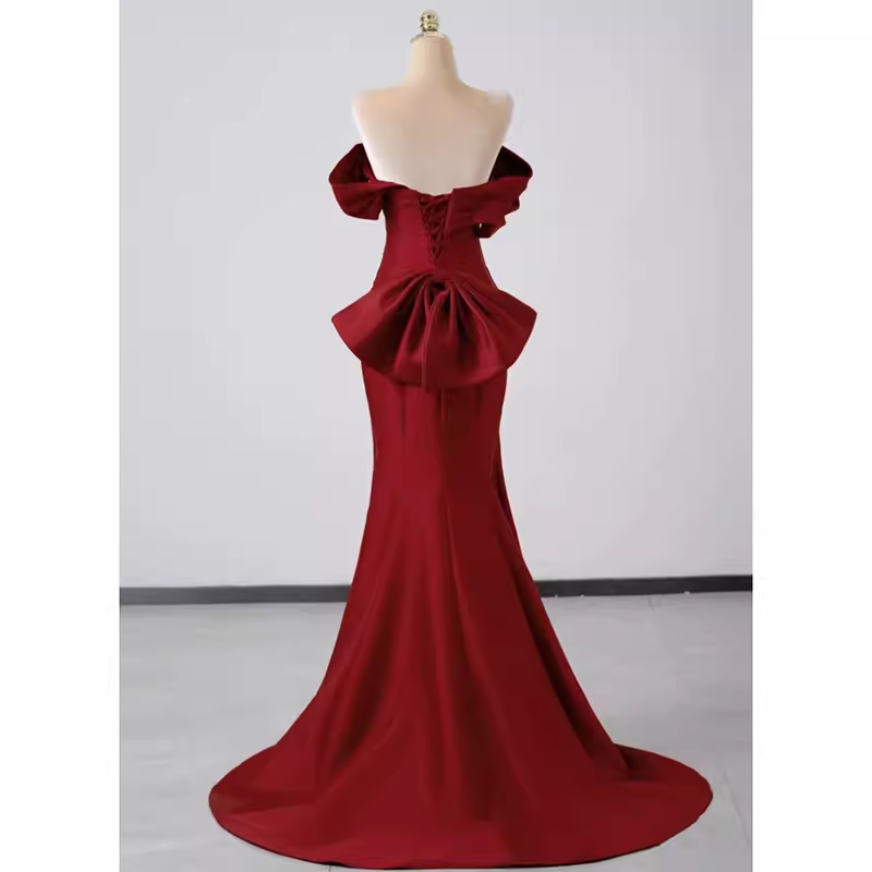Sexy Mermaid Off The Shoulder Satin Burgundy Long Prom Dresses